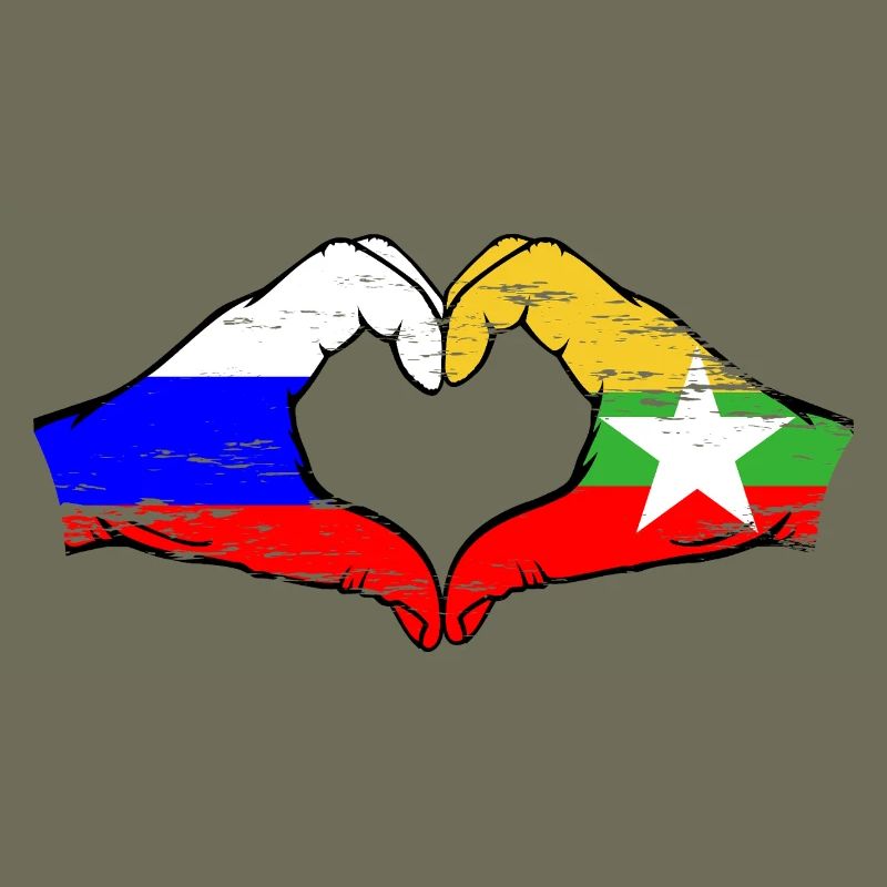 Russie Myanmar drapeau mains forme de coeur utilisé