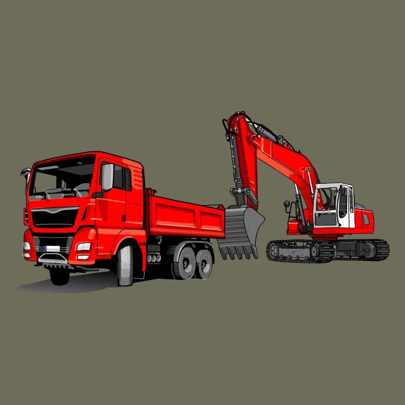 Construction site with excavator and dump truck