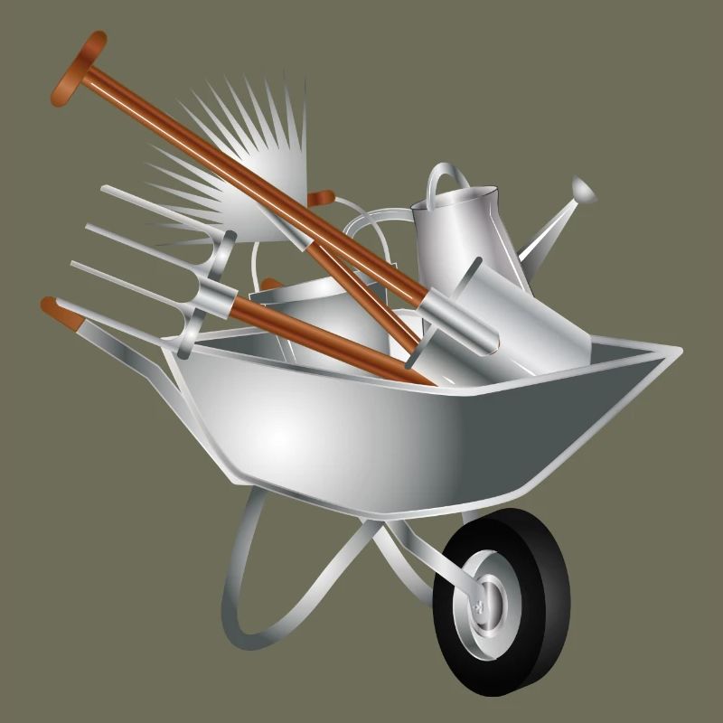 verschiedene Gartengeräte in einer Schubkarre