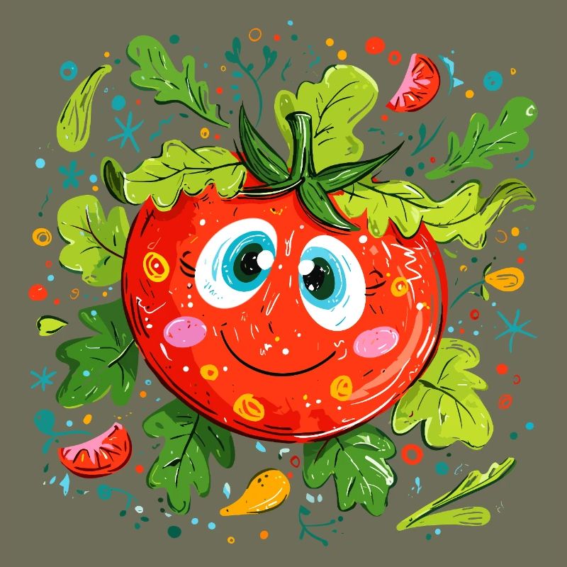 Cheerful tomato in green pattern