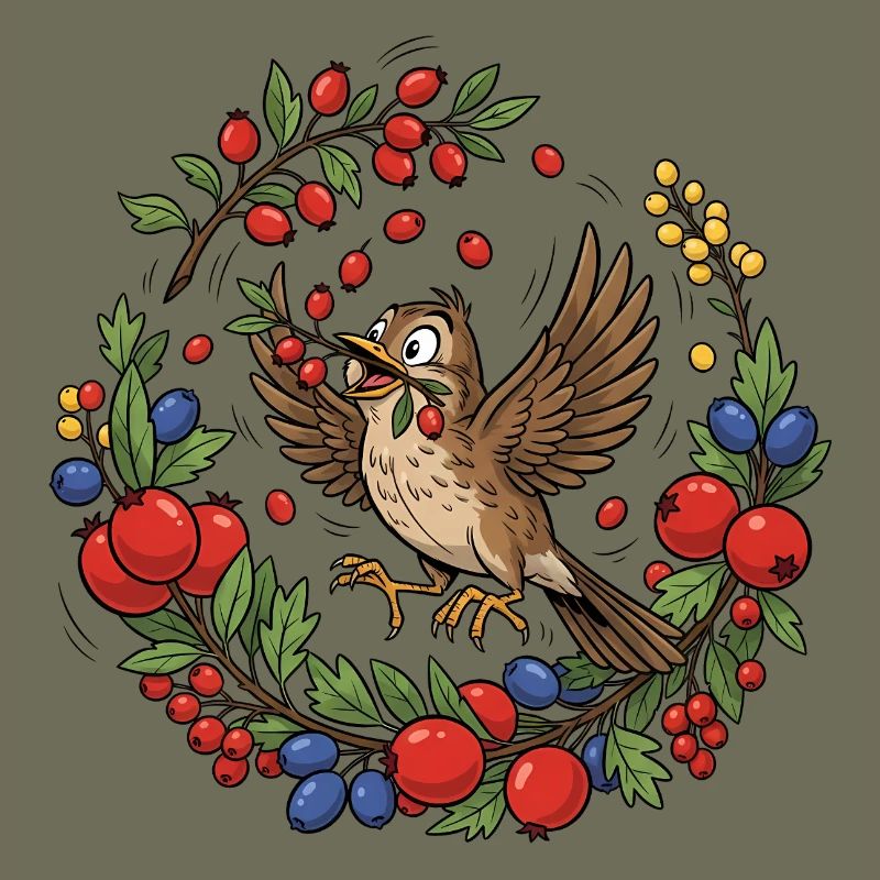 Fröhlicher Vogel im Beerenkranz