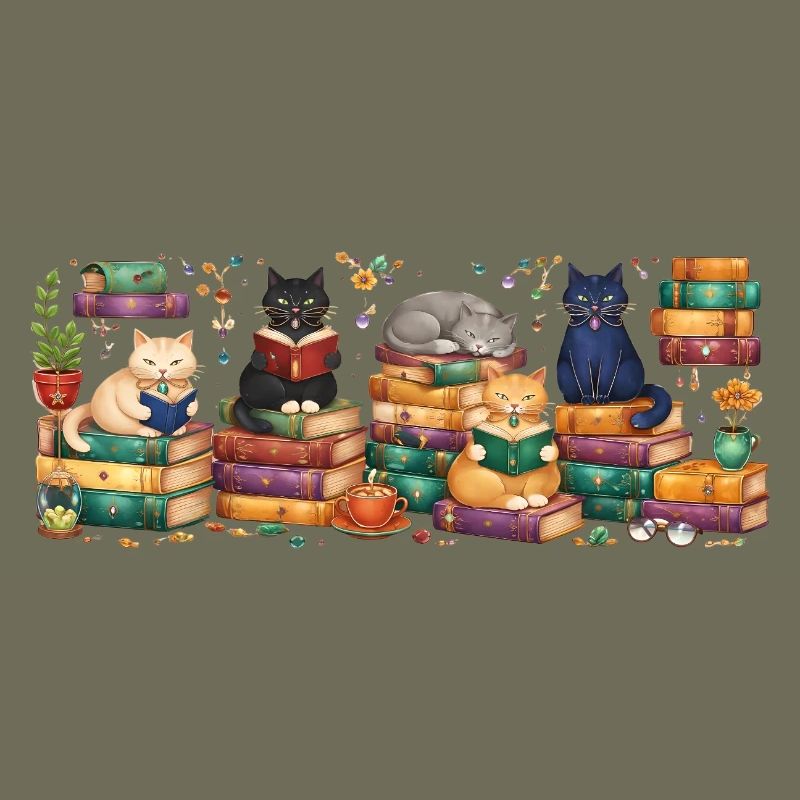 Lesende Katzen mit Bücherstapeln