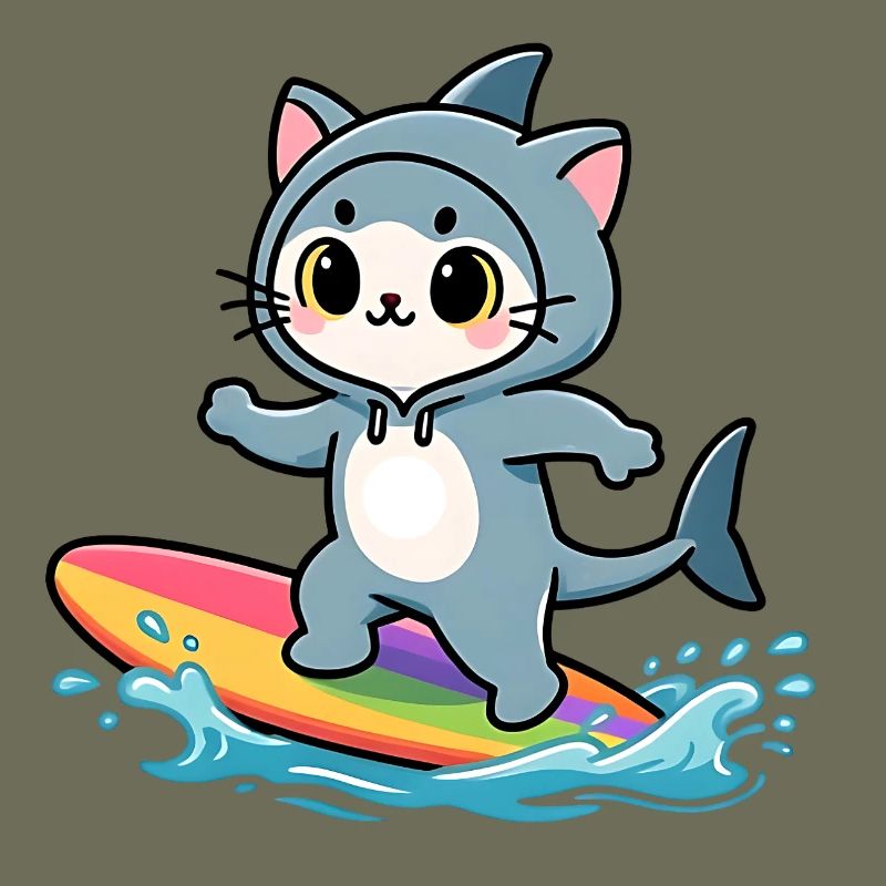 Chat requin sur planche de surf arc-en-ciel