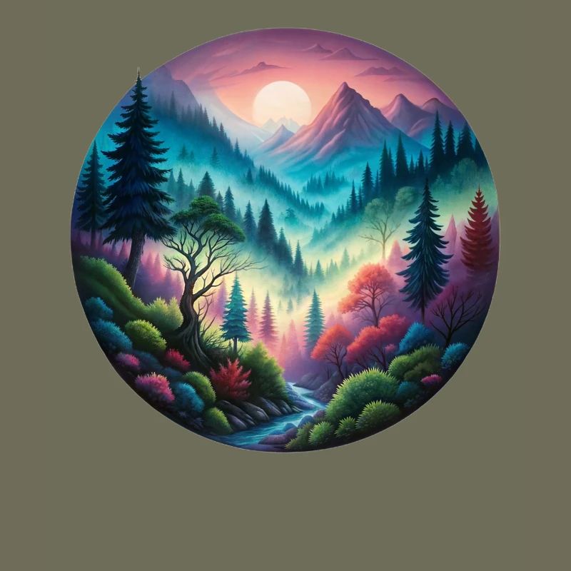 Colored forest landscape painted in evening light nature