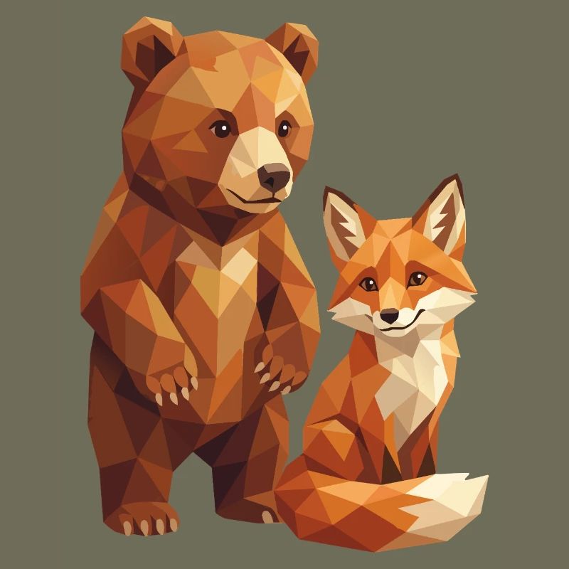 Geometric Low Poly Bear and Fox Forest Art
