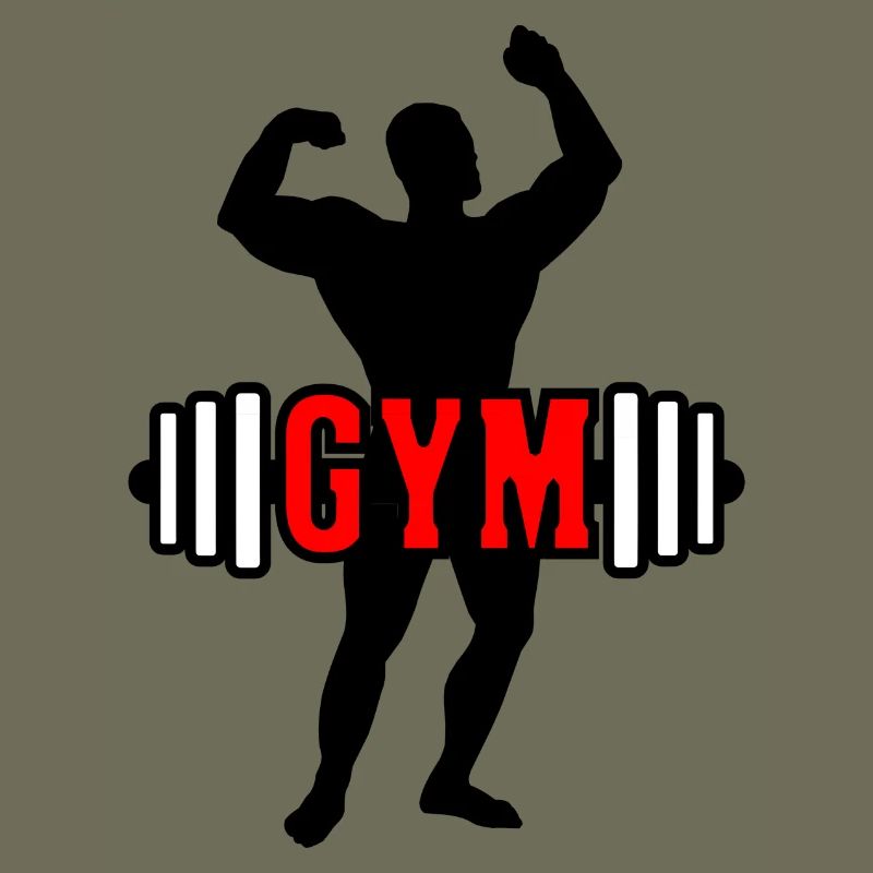 Red text 'GYM' about bodybuilder