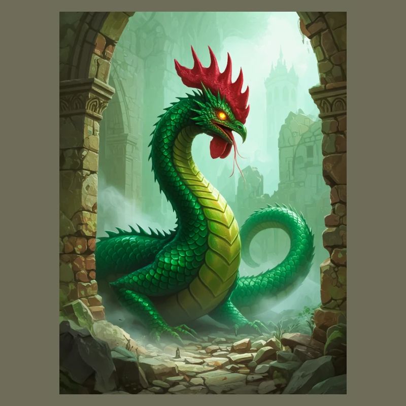 Basilisk with rooster head and deadly petrifying