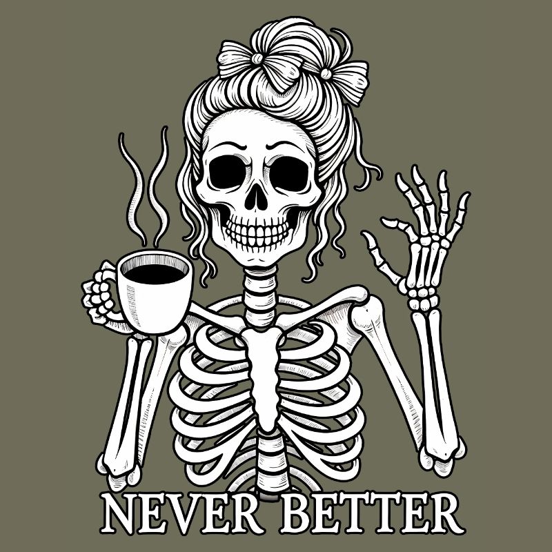 Funny skeleton drinking coffee