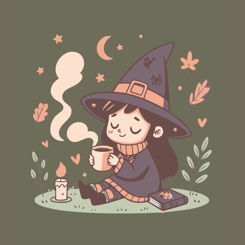 Cozy witch and steaming cup