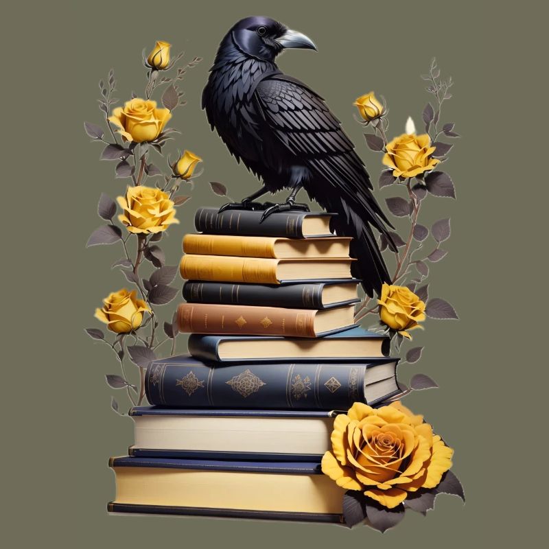 Stack of books with raven
