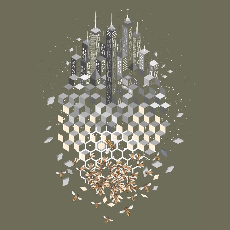 Skyline with bees and honeycombs