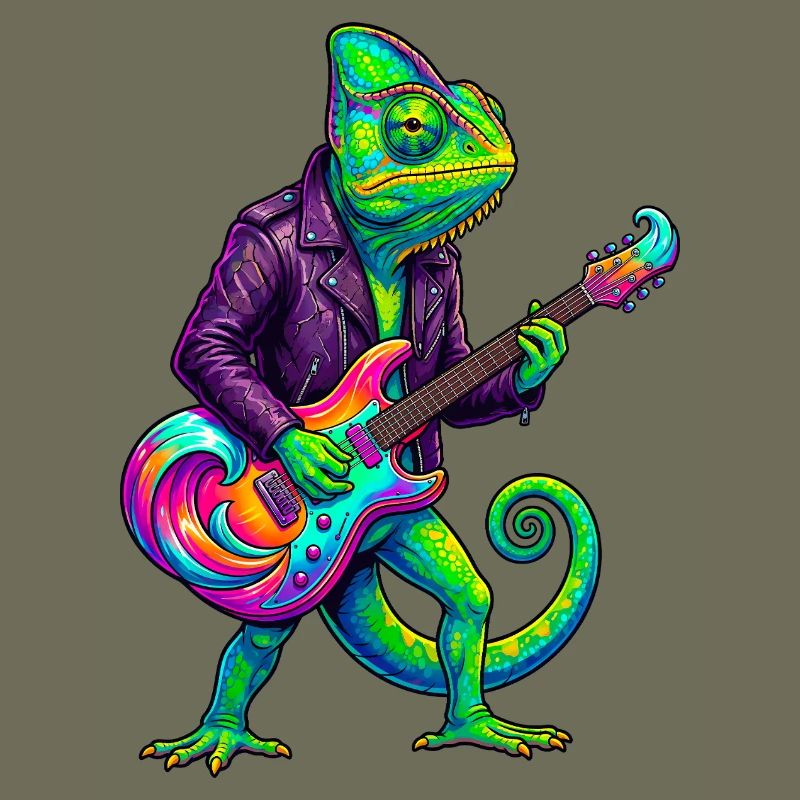 Chamäleon in Lederjacke und Neon E-Gitarre