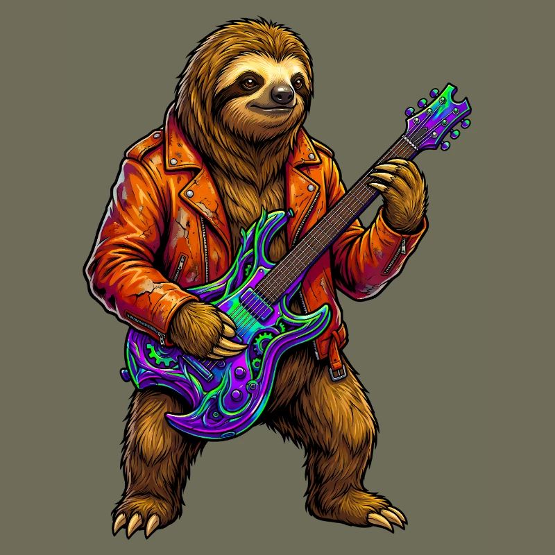 Faultier in Lederjacke mit Neon E-Gitarre
