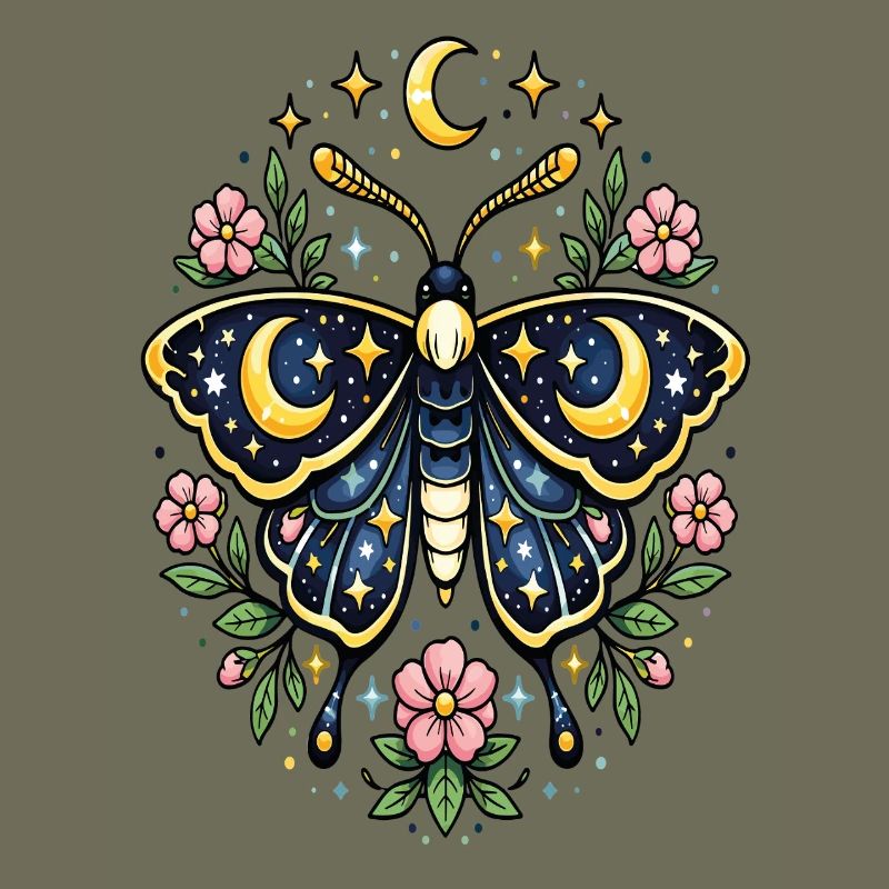 Papillon céleste lune fleurs étoiles