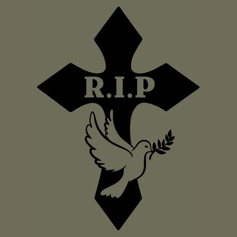 Cross with pigeon and text R.I.P