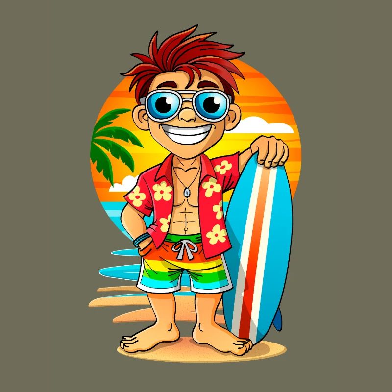 Surfeur joyeux avec une planche de surf sur la plage.