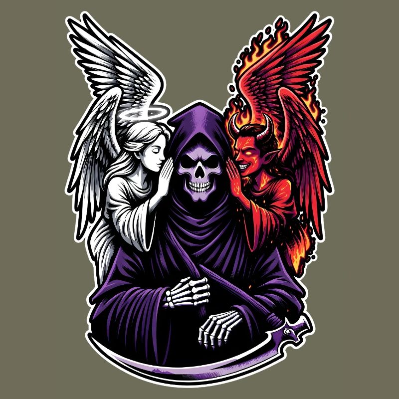 Sensenmann mit Engel und Dämon