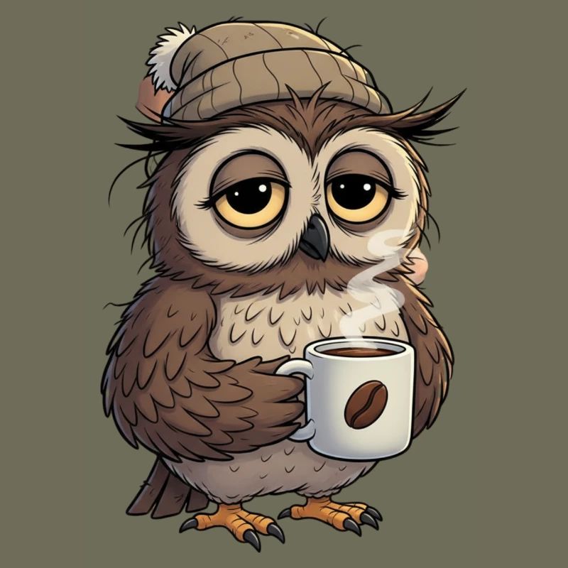 Verschlafene Eule Mit Kaffeetasse Cartoon