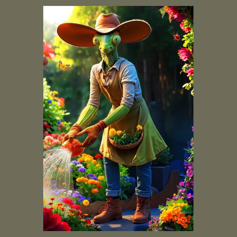 Humanoide Gartenmantis mit Scheunenhut