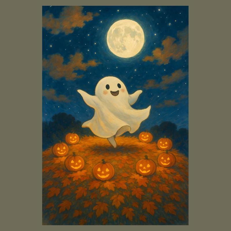 Moonlit Ghost Among Pumpkins