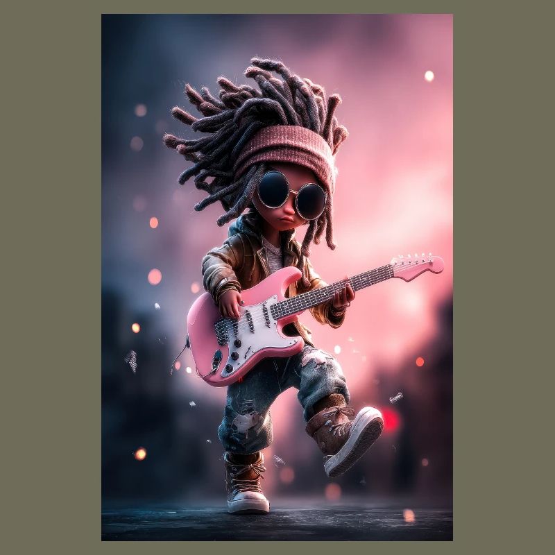 Poupée de pierre à dreadlocks avec guitare rose