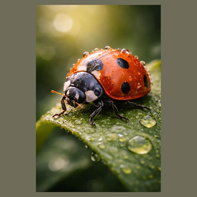 Red ladybug on dewdrops