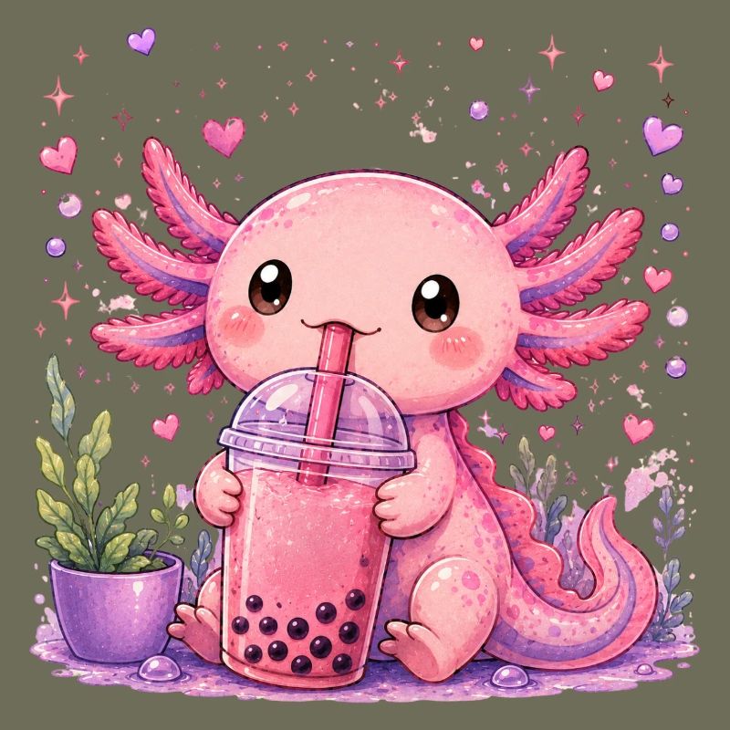 Pink Axolot mit Bubble Tea