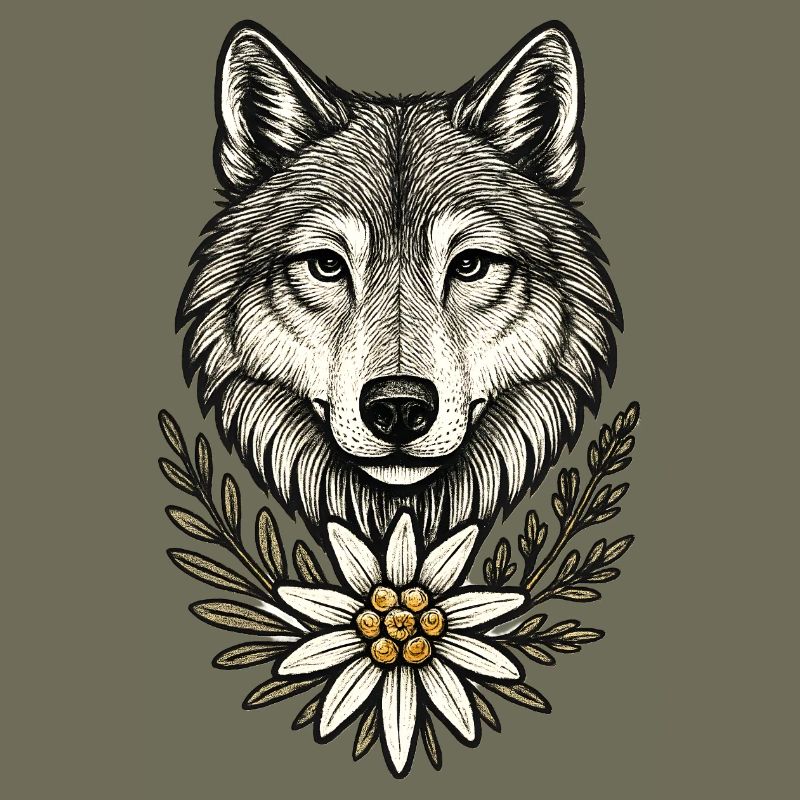 Wolfkopf mit Blumenkranz