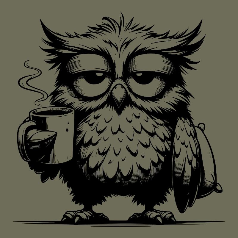 Lustige müde Comic Eule mit Kaffee Defizit