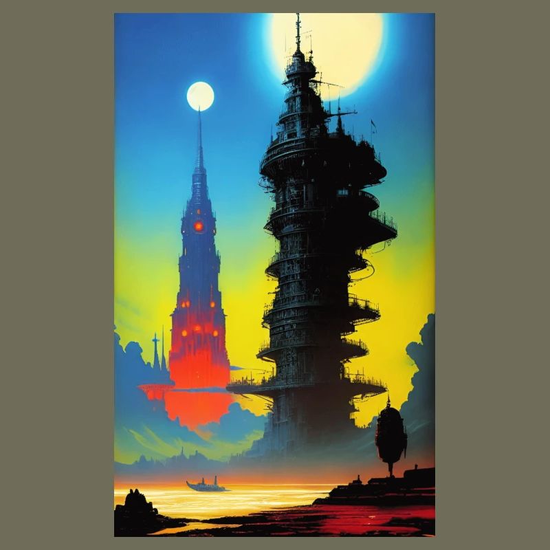 Futuristic skyline with moonlight