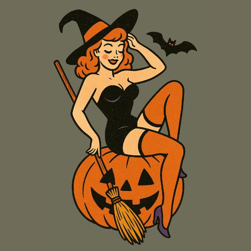 Vintage Witch with Jack-o-Lantern Scene