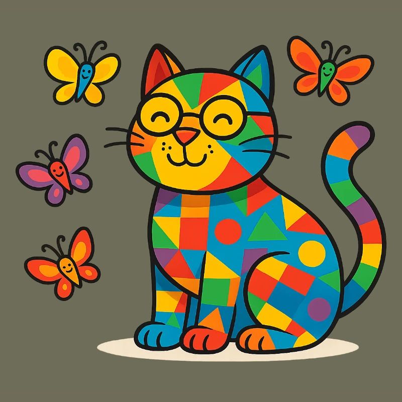 Patchwork Cat with Colorful Butterflies