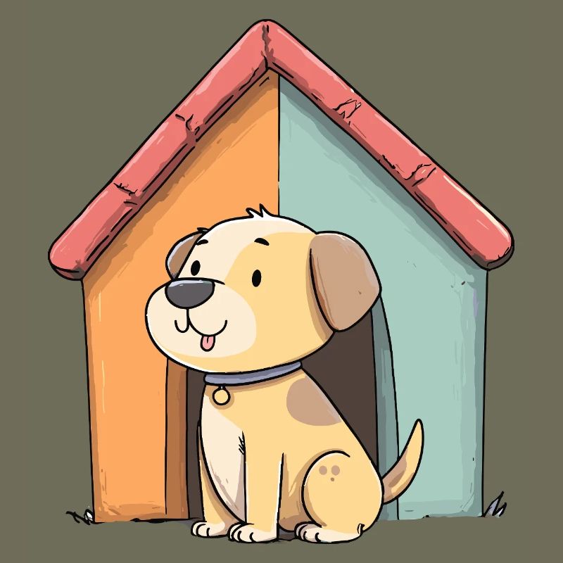 Chien câlin devant une maison colorée