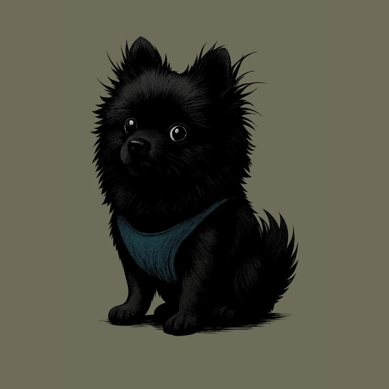 Schwarzer Spitz Hund mit blauer Weste