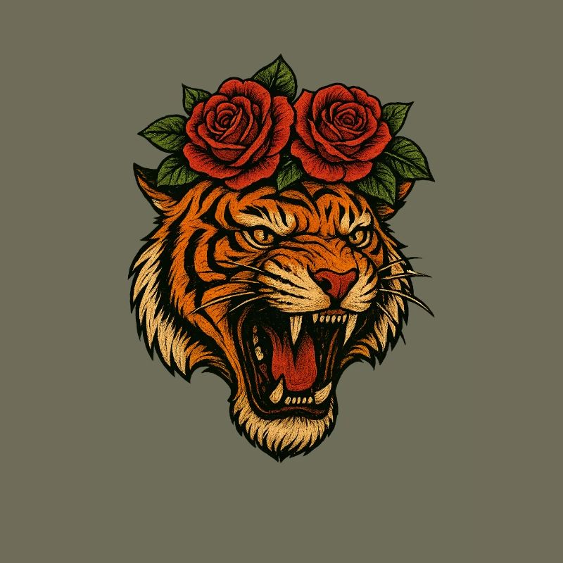 Fierce Tiger Head with Roses – High-Resolution Tra