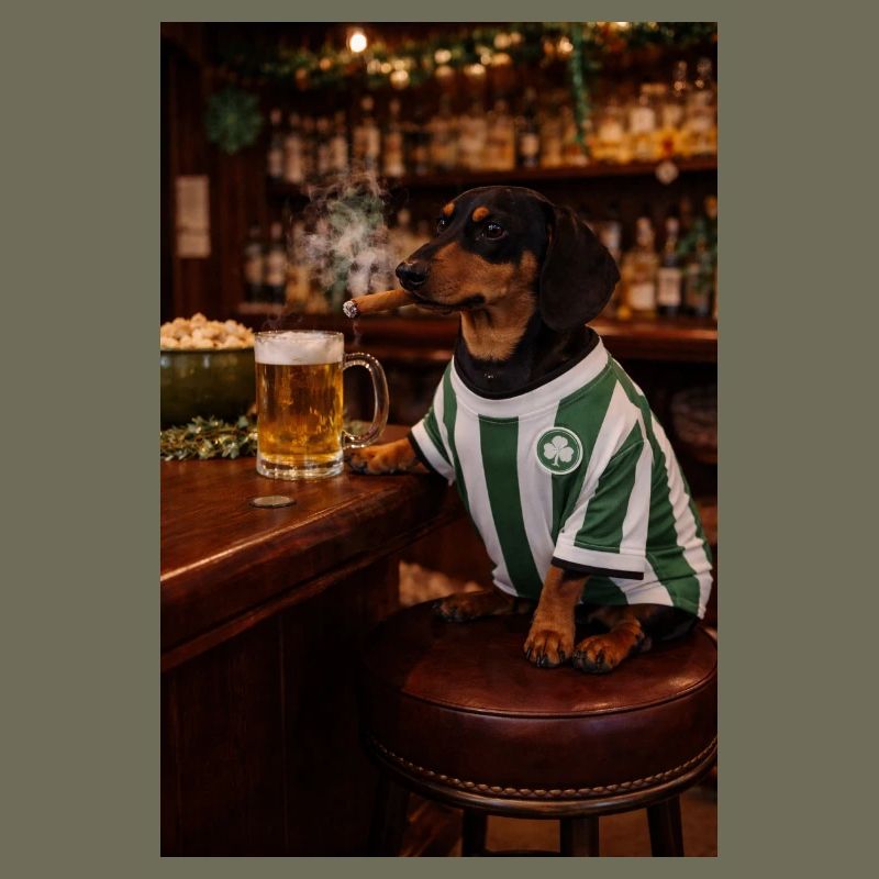 Dackel im Pubtrikot mit Kleeblatt