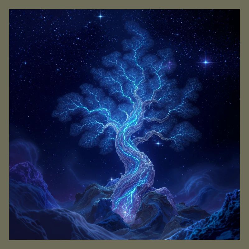 Blue Lightning Tree Night Art