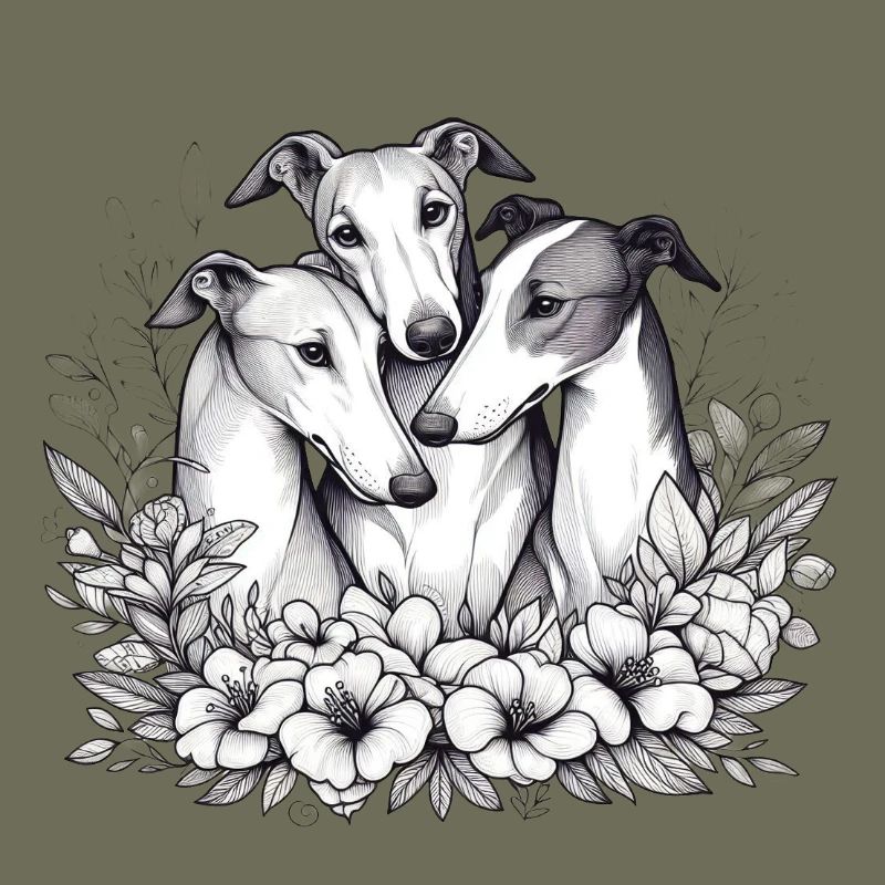 Trois lévriers dans un cercle de fleurs