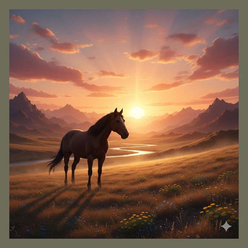 Cheval du coucher de soleil dans la vallée montagneuse