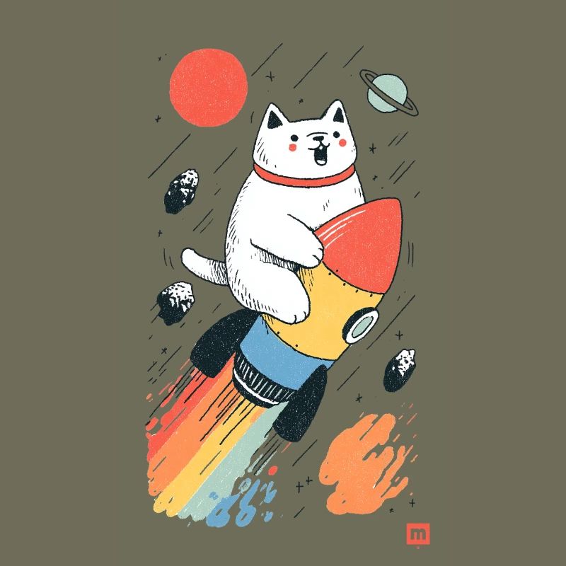 Chat sur fusée dans l’espace coloré