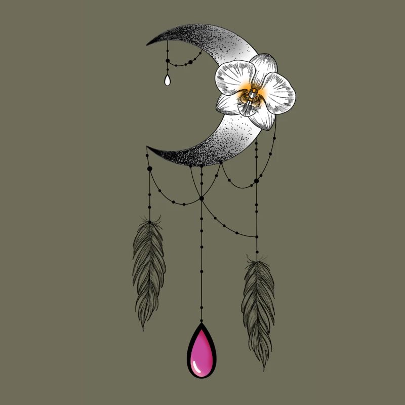 Lune orchidée plume et perle type attrape rêve 