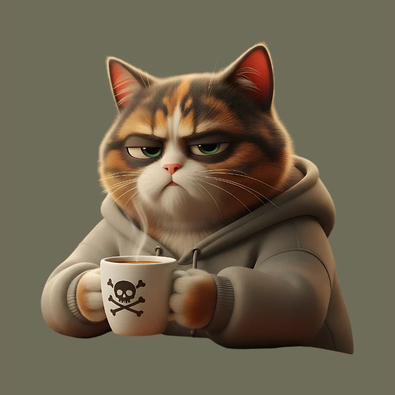 Lustige müde Katze mit Kaffeetasse Morgenkaffee