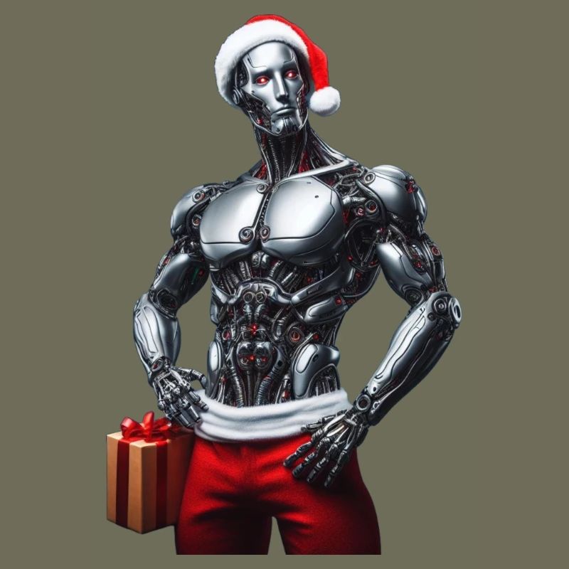 Cyber robot with Santa hat and gift