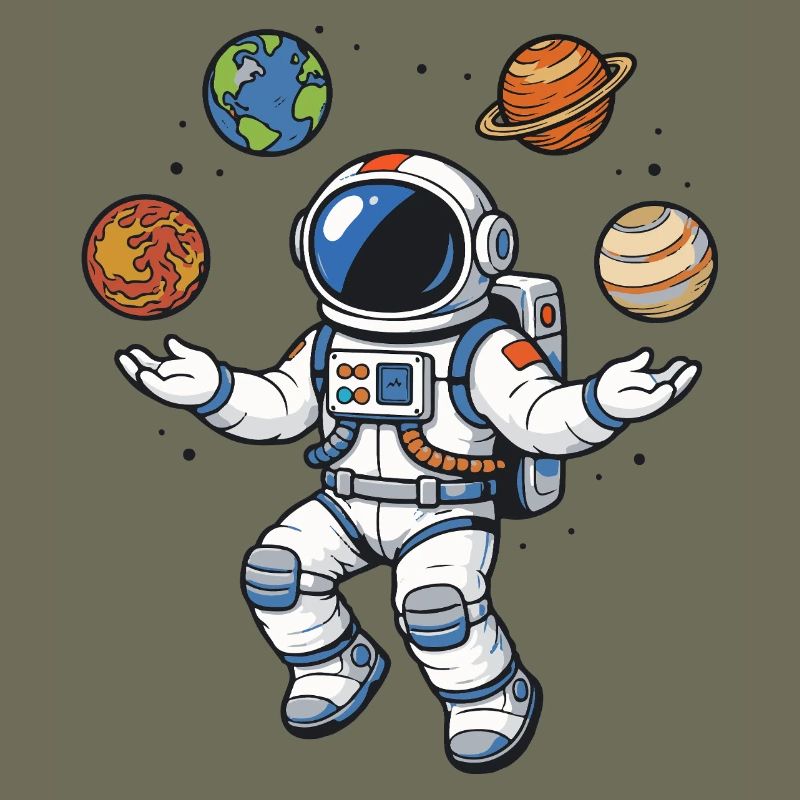 Schwebender Astronaut mit Planeten im Comic Stil