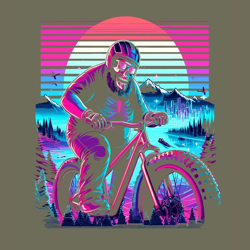 Synthwave Skeleton Biker Fatbike Rétro Coucher de soleil