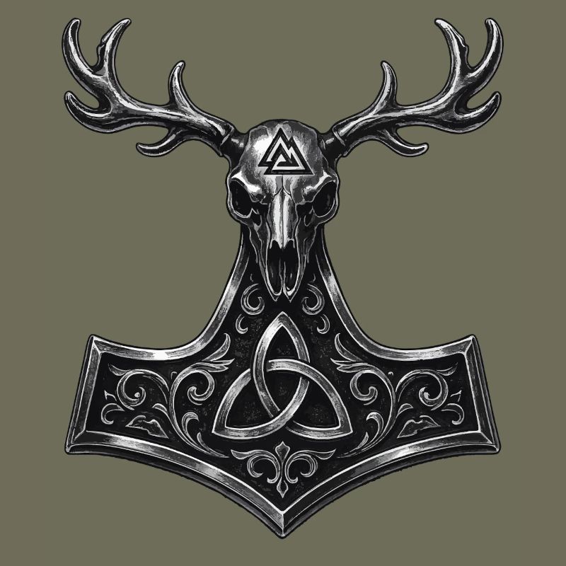 Crâne de cerf Valknut | Symbole païen de Mjölnir