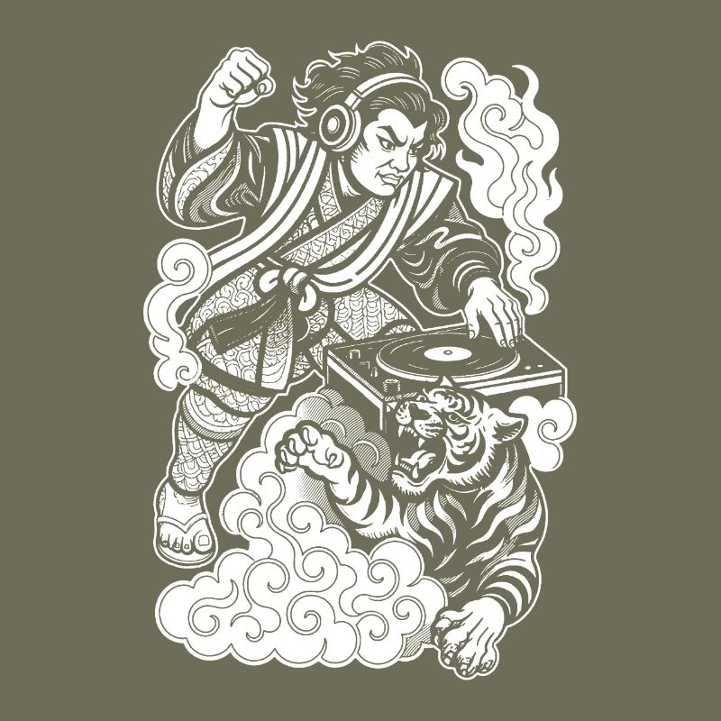 Samurai Shirt: Plattenspieler mit Techno & Tiger