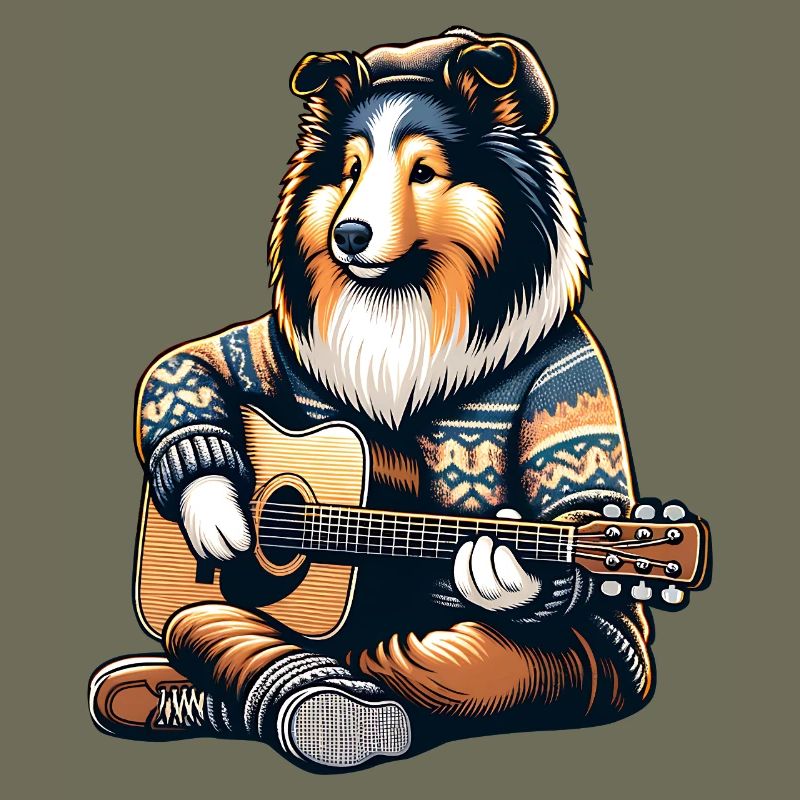 Collie Mit Akustikgitarre Im Strickpullover