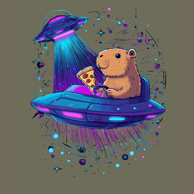 Capybara mit Pizza im UFO