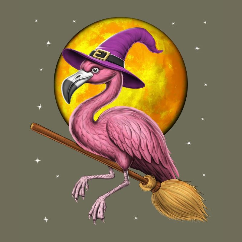 Flamingo Witch Riding Broom